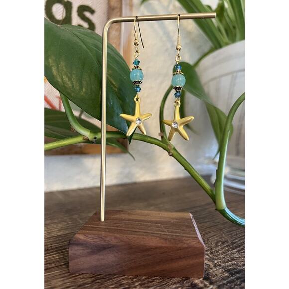 Glass & Crystal Turquoise Beads Starfish Drop Dangle Earrings Gold Tone NEW - Picture 6 of 7